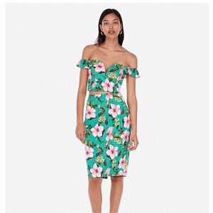 Express tropical floral green pencil skirt and ruffle crop top skirt set